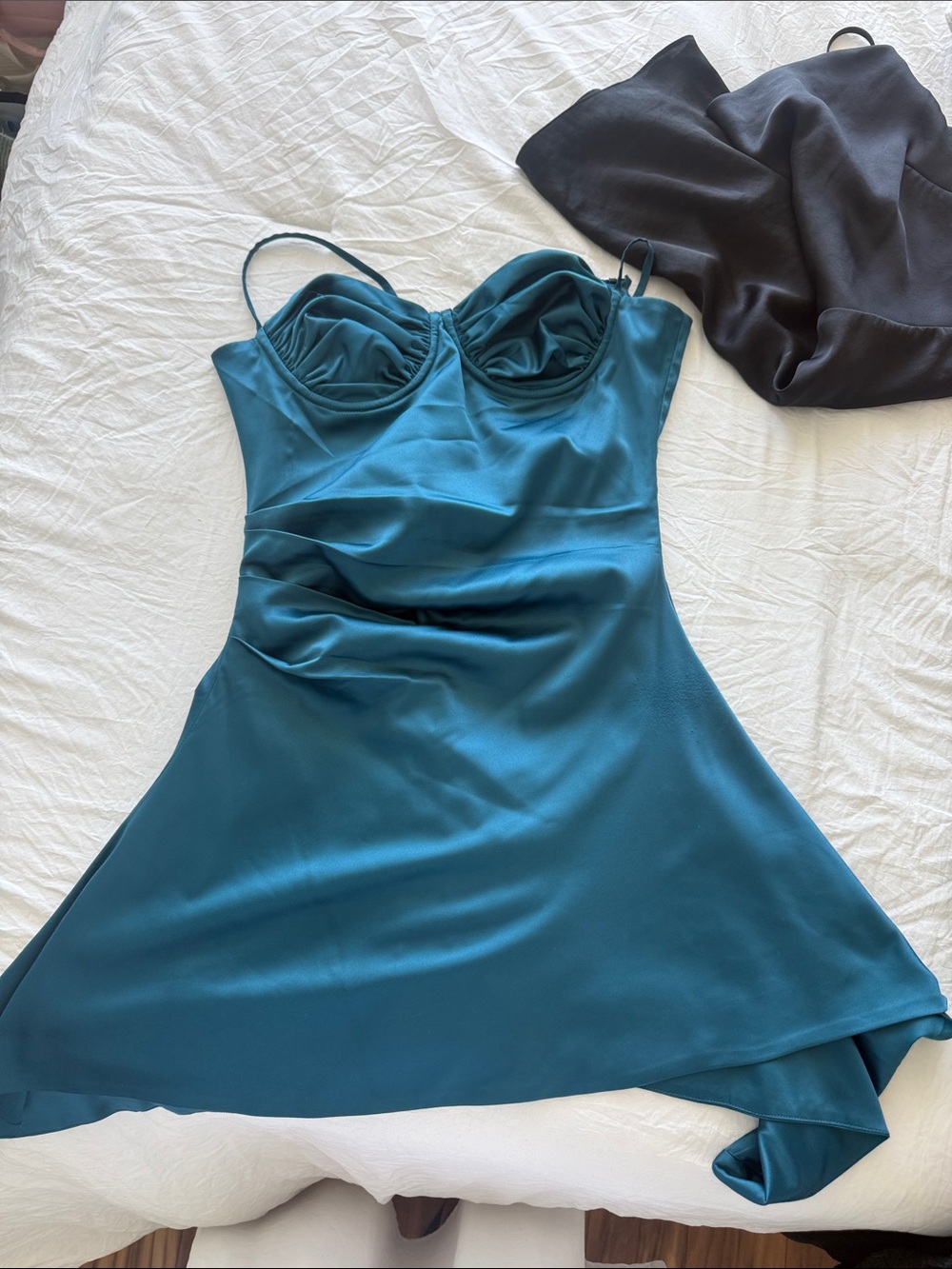 Strapless Teal Satin Slip Dress with Bust Detail